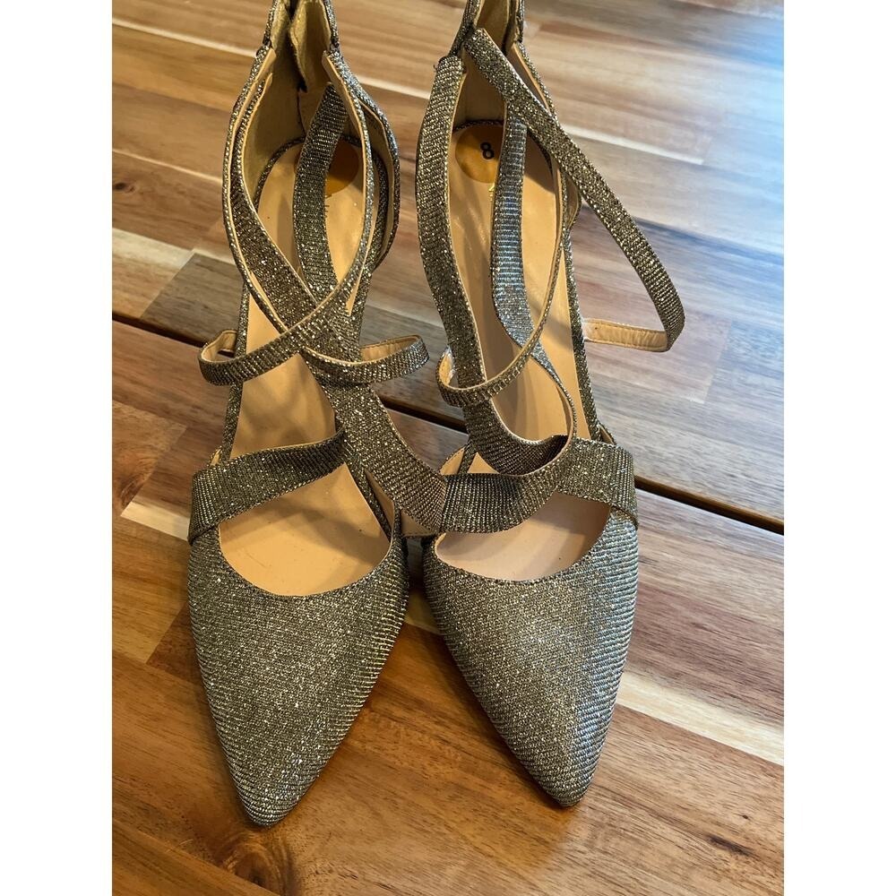 Nine West Silver Glitter Strappy Pointed Toe Pumps Stiletto Heels Size 8M